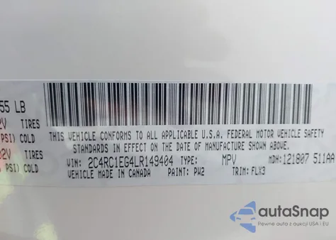 2020 Chrysler Pacifica Touring L Plus z USA, uszkodzony, nr VIN 2C4RC1EG4LR149404